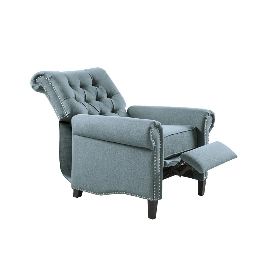 Transitional Blue Tufted Recliner with Bronze Nailhead Trim