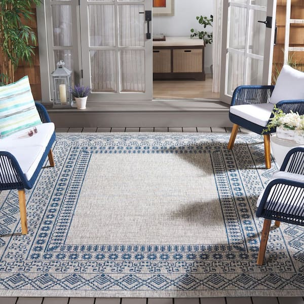 Courtyard Gray/Navy 9 ft. x 12 ft. Border Ornate Indoor/Outdoor Area Rug