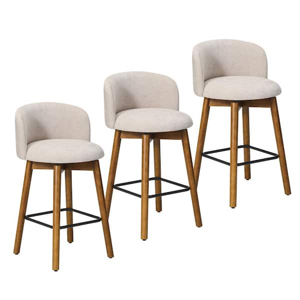 Stansberry 26 in. Chenille Upholstered Low Back Wood Kitchen Counter Stool w/ Swivel (Set of 3), Taupe