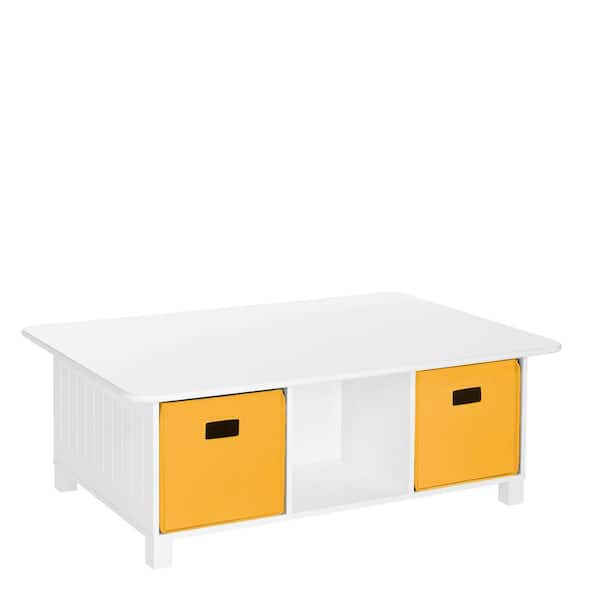 RiverRidge Home White Rectangular Kids Desk, Activity and Play Table with 6-Storage Cubbies with 2-Golden Yellow Fabric Bins