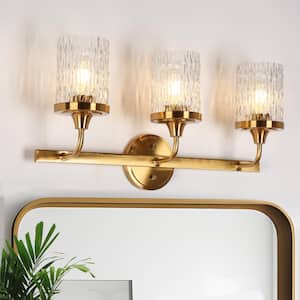 Modern 22.8 in. 3-Light Plating Brass Cylinder Vanity Light with Clear Ripple Glass Shades for Bathroom Powder Room