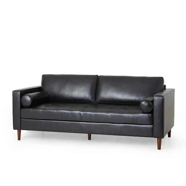 Noble House Barger Midnight Black and Espresso Faux Leather 3-Seats Sofa