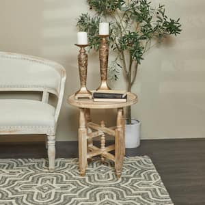 21 in. Cream Whitewashed Large Round Wood End Table with Silver Beaded Rim and Turned Legs