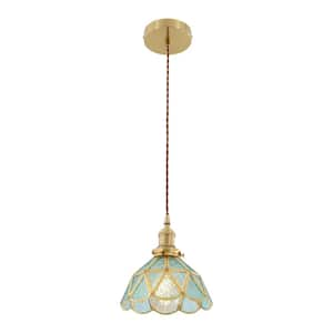 40-Watt 1-Light Gold Modern Shaded Pendant Light with Lake Blue Glass Shade and Adjustable Height, No Bulbs Included