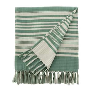 Green Stripe Turkish Cotton Gauze Throw Blanket with Fringe