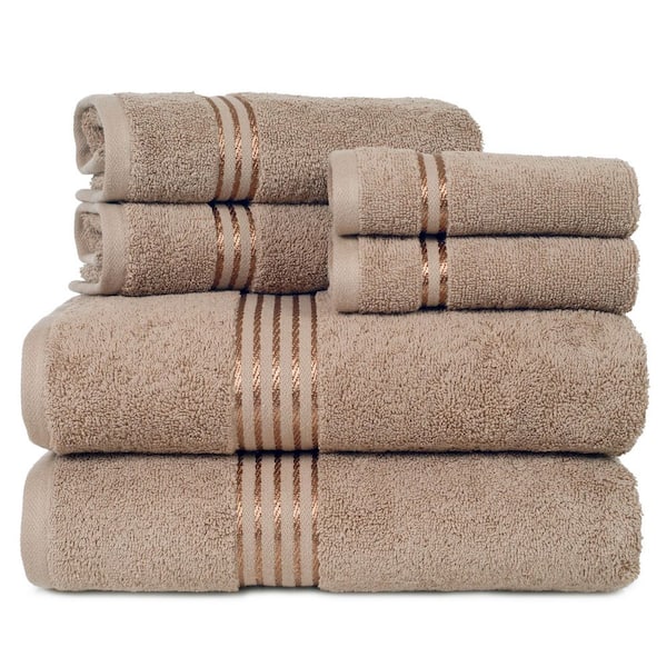 6-Piece Taupe Solid 100% Cotton Bath Towel Set with Satin Stripes