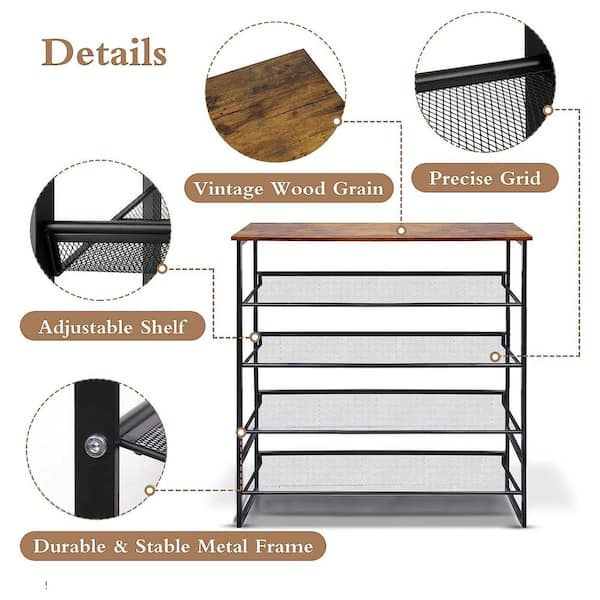 36.6 in. H 16-Pair 5-Tier Black Metal Shoe Rack