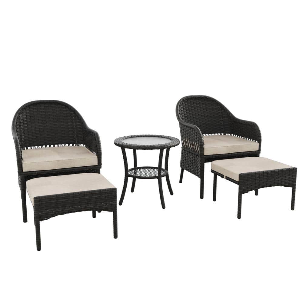 5-Piece Outdoor Wicker Patio Conversation Set with Beige Cushions-Stylish, 