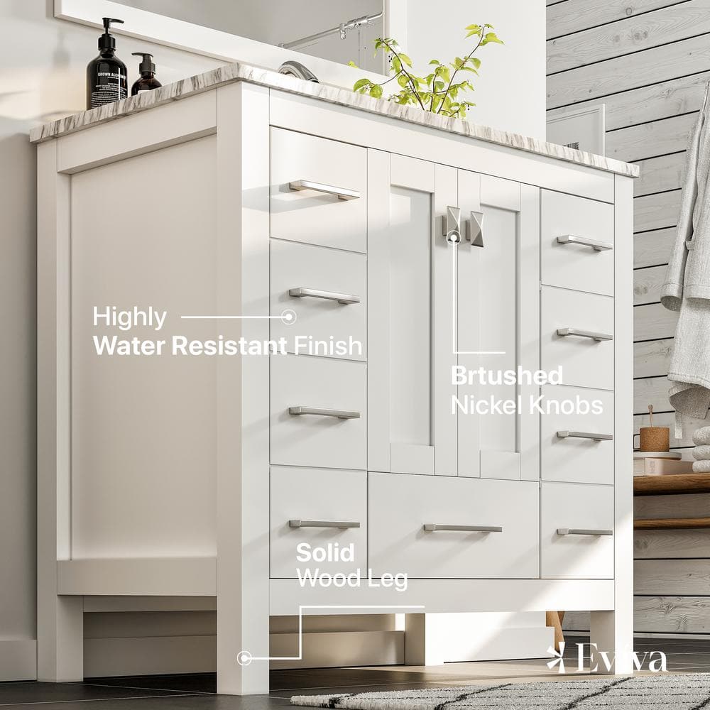 Hampton 36" White Solid Wood Bathroom Vanity with Carrara Marble Top