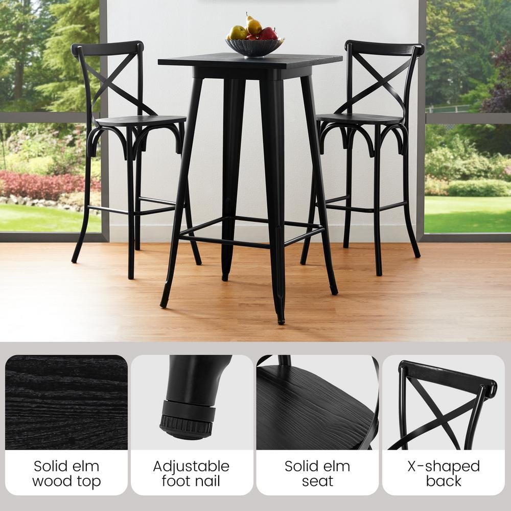 Black Steel and Elm Wood Industrial Pub Table Set with 2 Chairs