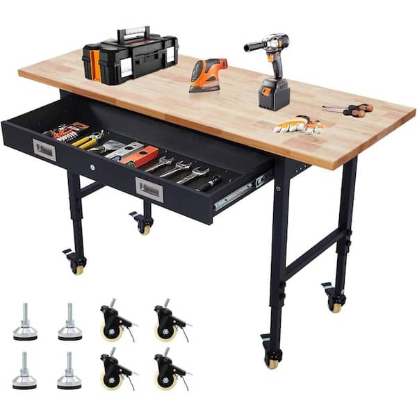 60" x 22" Workbench, Adjustable Height Worktable, Tool Storage Workstation with Drawer for Garage and Workshop