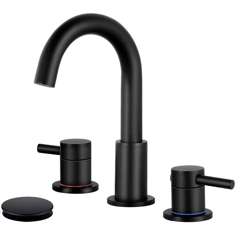8 in. Widespread 2-Handle Low Arc Bathroom Faucet With Pop drain in Matte B