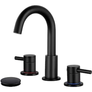 8 in. Widespread 2-Handle Low Arc Bathroom Faucet With Pop drain in Matte Black
