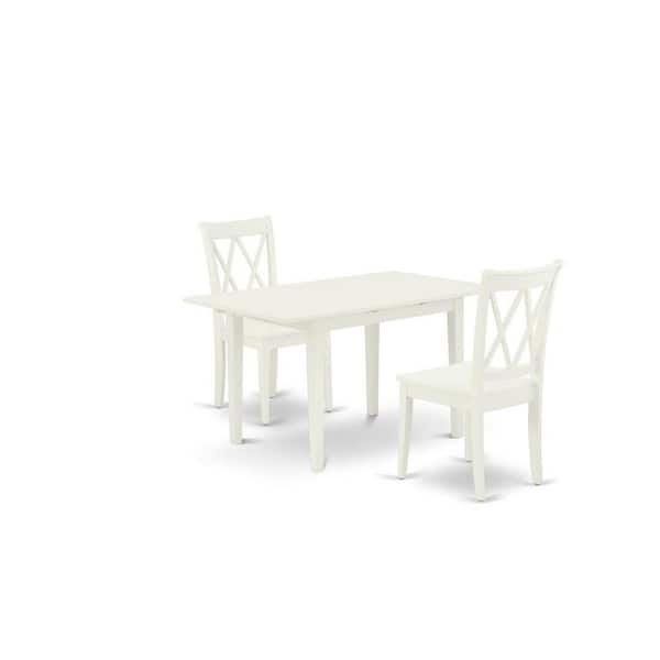 East West Furniture 3-Piece Linen White Finish Rectangular Solid Wood Top with Butterfly Leaf Dining Table Set