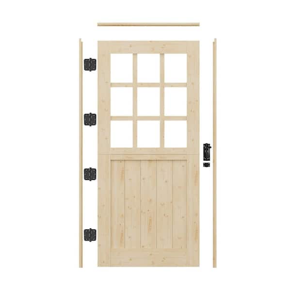 30 in. x 80 in. Solid Pine Universal 9-Lite Clear Glass Unfinished Dutch Wood Prehung Front Door w/Quick Assemble Jamb