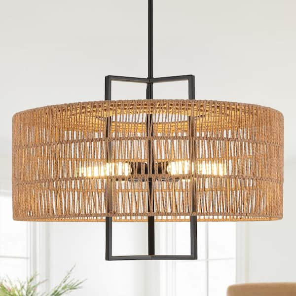 Rustic Farmhouse 23.62 in. 6-Light Boho Rattan Shade Black Metal Chandelier Height Adjustable Light Fixture (No Bulbs)