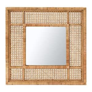 23.625 in. x 23.625 in. Modern Square Framed Wood and Rattan Decorative Mirror