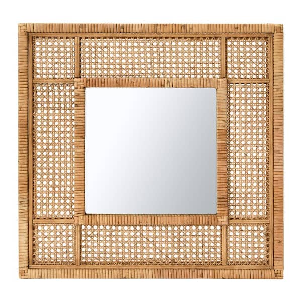 Storied Home 23.625 in. x 23.625 in. Modern Square Framed Wood and Rattan Decorative Mirror