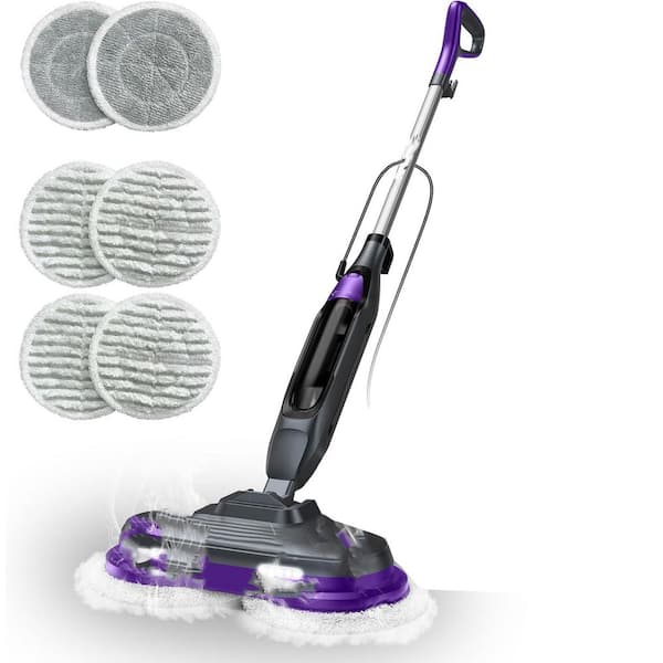 Commercial Corded Steam Mop Floor Cleaner for Hard Floors in White with Rotating Pads LED Headlights Swivel Tank