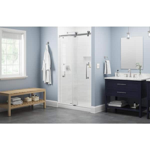 Delta Paxos 42-1/4 to 48 in. W x 76 in. H Frameless Sliding Shower Door in Satin Chrome with 5/16 in. Clear Glass