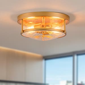 Lumin 11.8 in. 2-Light Gold Flush Mount with Drum Seeded Glass Shade Dimmable Ceiling Light