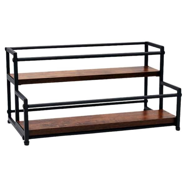 2-Tier 10 Syrup Bottles Natural Wood Kitchen Organizer Rack Rustic Stepped Shelf for Coffee Syrup, Spice, Wine