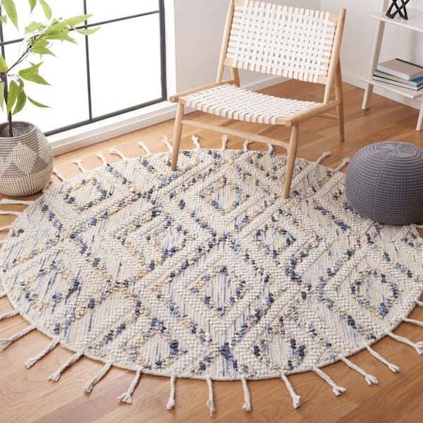 Natura 6 ft. x 6 ft. Ivory/Blue High-Low Diamond Striped Round Area Rug