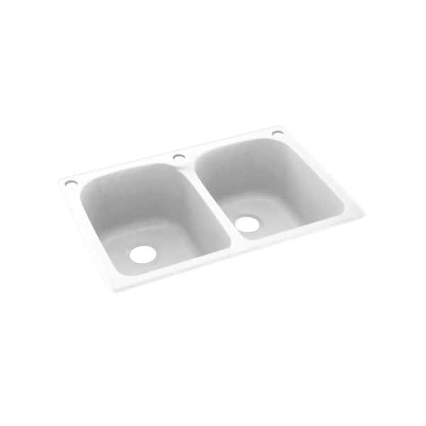 Swan Dual-Mount Solid Surface 33 in. x 22 in. 3-Hole 50/50 Double Bowl Kitchen Sink in White
