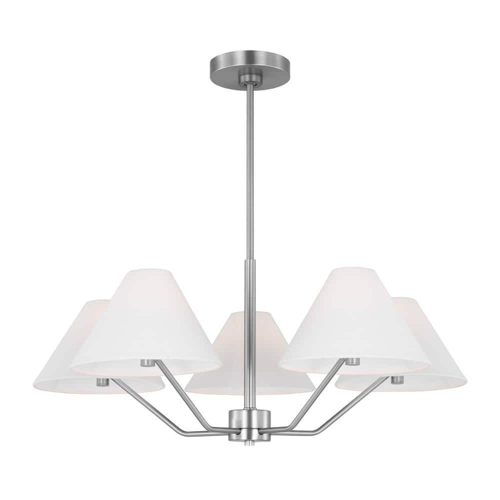 Modern Mid-Century 5-Light Chandelier with White Fabric Shade