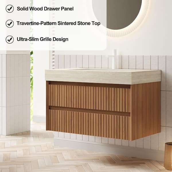 Yingze 36 in. Wall-Mounted Single Sink Brown Oak Bath Vanity with