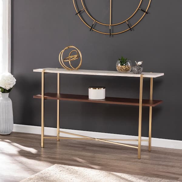 brass and wood console table