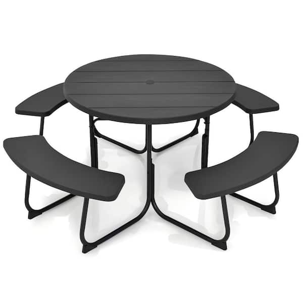 Clihome 5-Piece Black Metal Outdoor Dining Picnic Table and Bench Set with Umbrella Hole