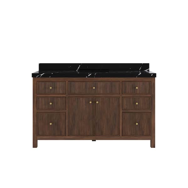 Willow Collections Sonoma Teak 60 in. Single Sink Freestanding Dark Walnut Bath Vanity with Calacatta Black Qt. Top Unassembled