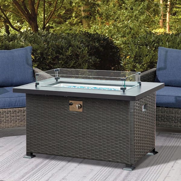 Unbranded 43.3 in. Wicker Gas Fire Pit Table with Glass Wind Guard, 50,000 BTU Smokeless Fire Pits with Aluminum Tabletop