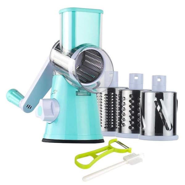 Blue Rotary Cheese Grater with Hand Crank Vegetable Slicer and 3 Drum Blades for Shredding and Slicing