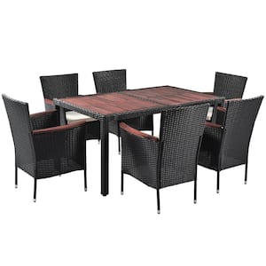 7-Piece Black Wicker Outdoor Dining Set with Reddish-Brown Acacia Wood Tabletop, Beige Cushions for Garden, Patio, Yard