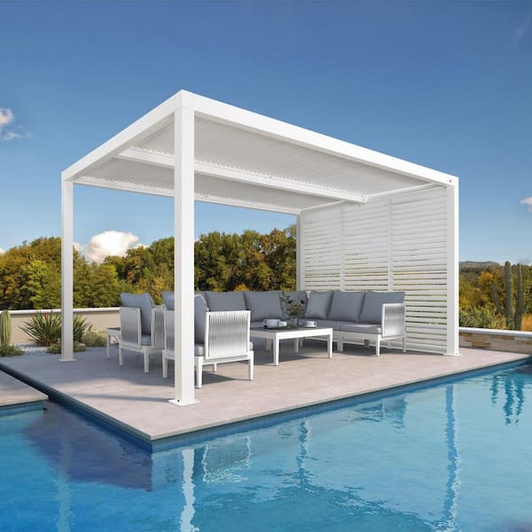 10 ft. x 14 ft. White Aluminum Louvered Pergola with 2 Adjustable Sunshade Roofs and 1-Short Side Fixed Shutter Wall