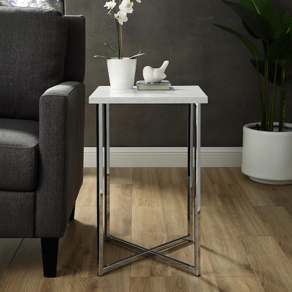 Walker Edison Furniture Company 16 in. White Marble Top Chrome Legs Square Side Table