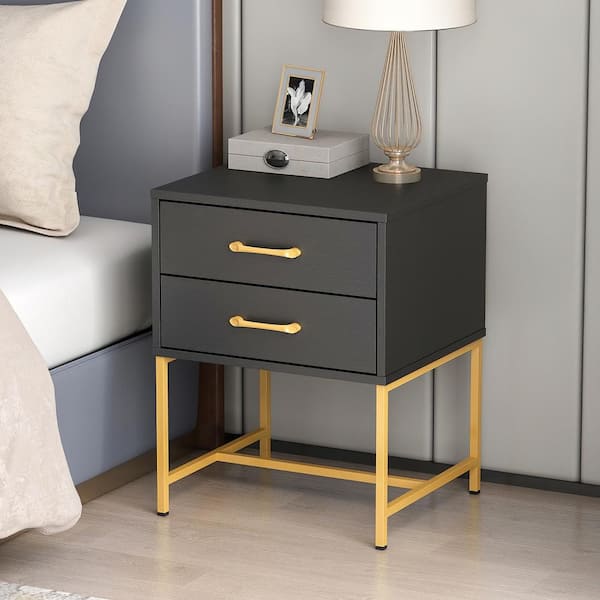 FUFU&GAGA 2-Drawer Black Gold Wood Nightstand With Metal Legs 