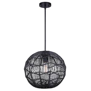 Leona 60-Watt 1 Light Matte Black Modern Pendant Light with Black Natural Rope Shade