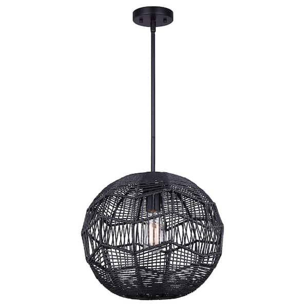 CANARM Leona 60-Watt 1 Light Matte Black Modern Pendant Light with Black Natural Rope Shade