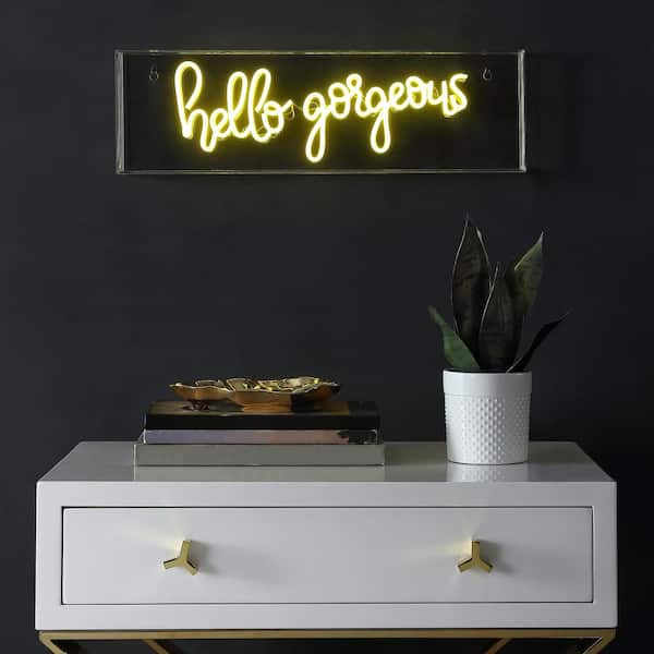 JONATHAN Y Hello Gorgeous 6 in. Yellow Contemporary Glam Acrylic Box USB Operated LED Neon Lamp