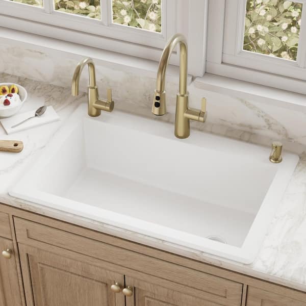 Quartz Granite Composite 33 in. Drop-in Top Mount Large Single Bowl Kitchen Sink in White