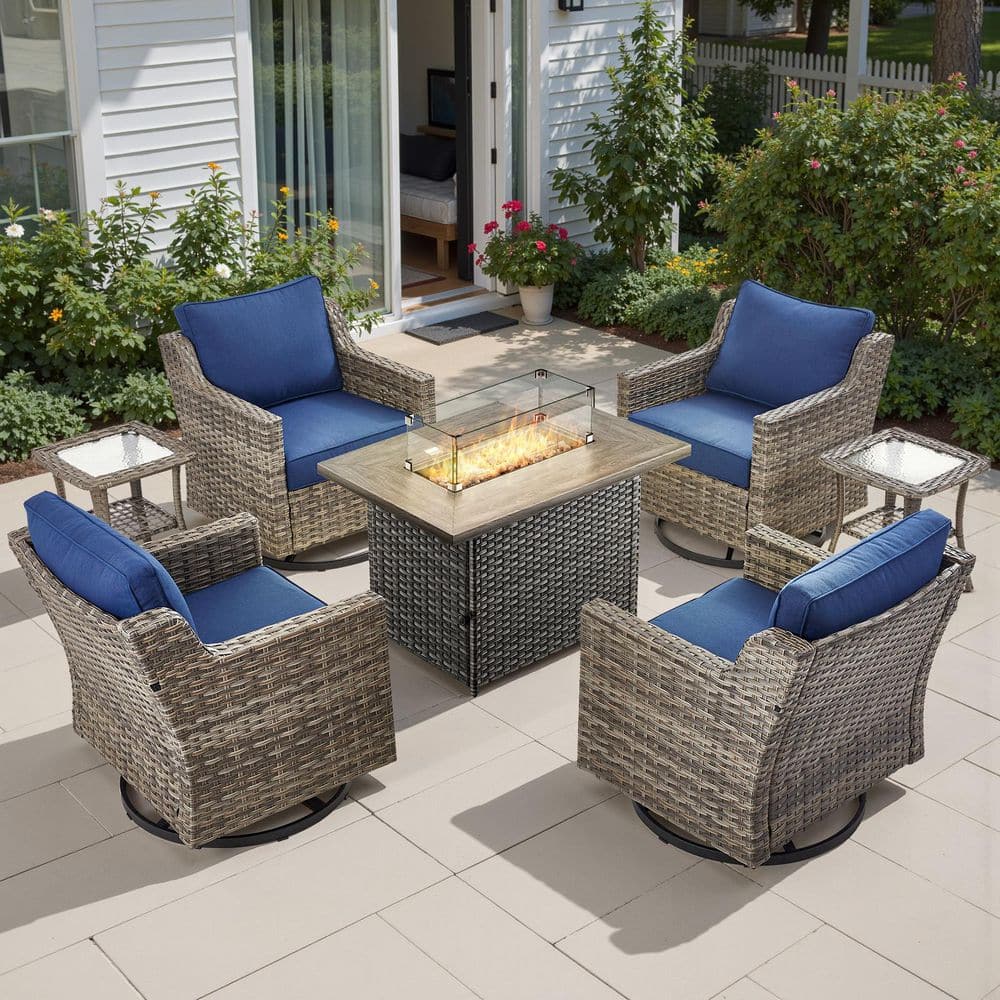 GlideRail Gray Wicker Fire Pit Conversation Set with Blue Olefin 4 in. Thick Cushions Patio Swivel Chairs (7-Piece) price history on PriceWatchPro