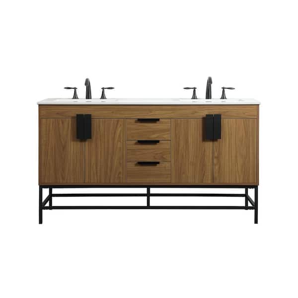 Unbranded Simply Living 60 in. W x 22 in. D x 33.5 in. H Bath Vanity in Walnut Brown with Ivory White Engineered Marble Top