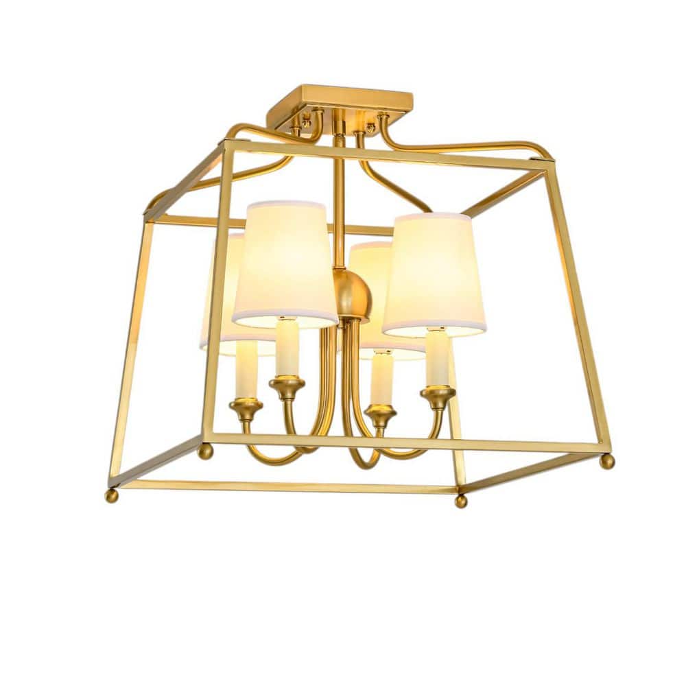 Kandras 15.7 in. 4-Light Industrial Lantern Brushed Brass Fabric Semi-Flush Mount Ceiling Light for Dining Room price history on PriceWatchPro