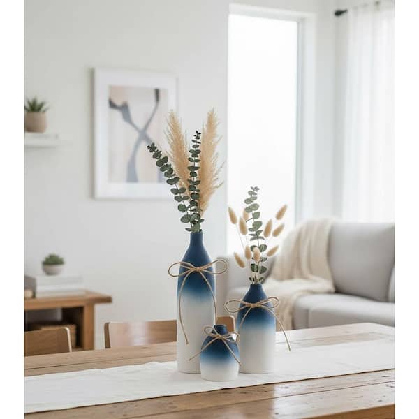 Blue and White Ceramic Bottle Vase Set - 3.1 in. L x 3.1 in. W x