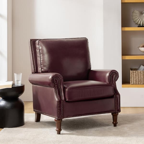 JAYDEN CREATION Rosal Burgundy 33 in. W Genuine Leather Accent Chair with Spindle Legs