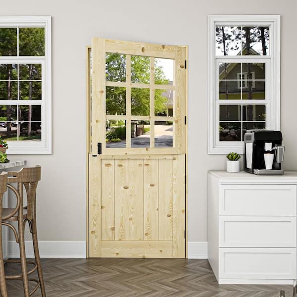 36 in. x 80 in. Solid Pine Universal 9-Lite Clear Glass Unfinished Dutch Wood Prehung Front Door w/Quick Assemble Jamb