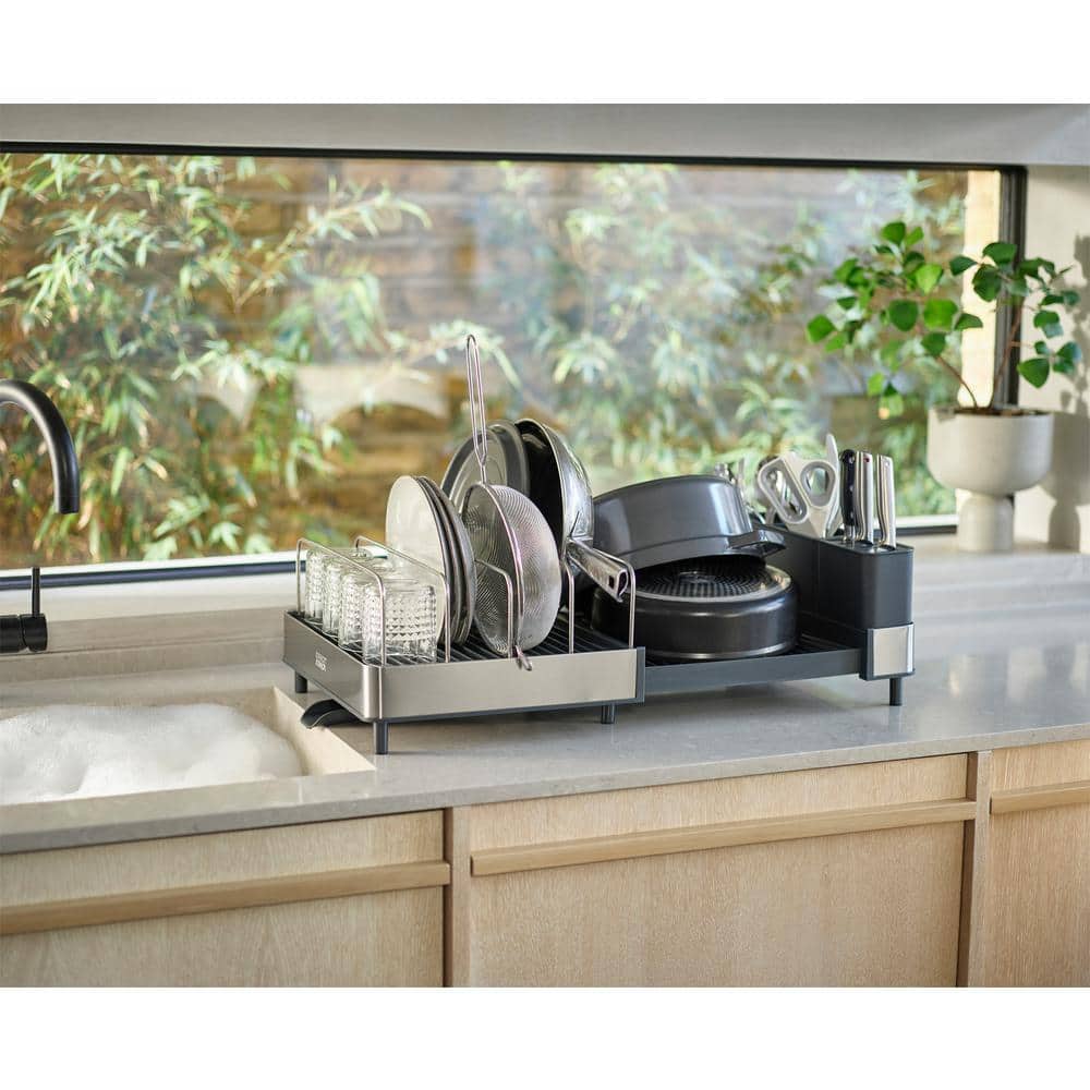 Steel Expanding Dish Rack with Utensil Cup and Draining Spout